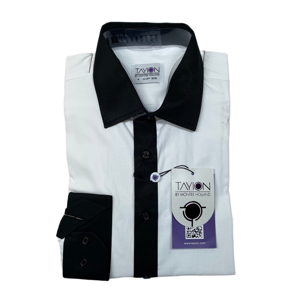 Tayion Slim-Fit‎ Trim Dress Shirt Mens Medium 15-15.5 32/33 White Black $60